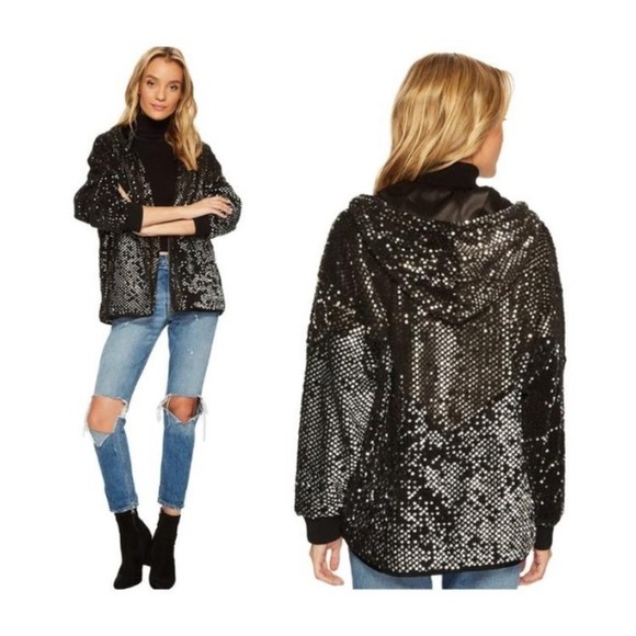 BlankNYC Black Silver Bomber Sequined Jacket Oversized XS New - Picture 1 of 11